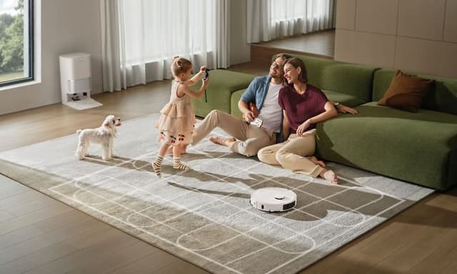 Familie slapper af i stuen, mens robotstøvsugeren rengør tæppet