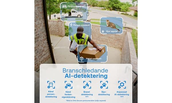 Illustration av hur säkerhetskameran ser och identifierar fordon, postombud, paket och husdjur