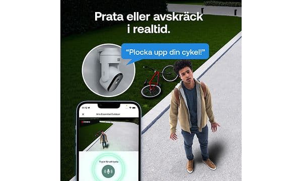 Pojke utanför entre som lämnat cykel på gräsmattan. Pratbubbla från kameran uppmanar honom att ta bort cykeln