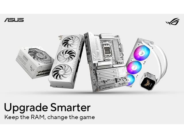 ASUS -komponentteja ja englanninkielinen teksti; Upgrade Smarter, keep the RAM, change the game