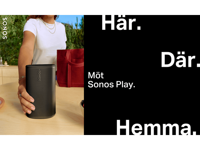 Banner för Sonos-högtalare som står på ett frukostbord