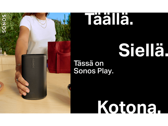 Sonos-kaiutin keittiön työsasolla ja teksti; Tässä on Sonos Play