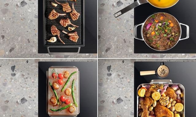 Fire matretter tilberedes på Electrolux-platetopp med FlexiBridge-funksjonen