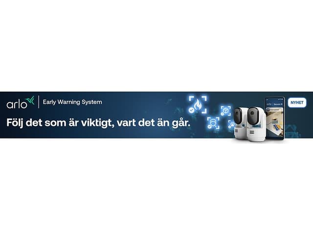 Banner för arlo säkerhetskamera med texten "Följ det som är viktigt, vart det än går".