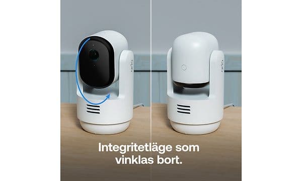Två säkerhetskameror illustrerar deras integritetsläge där de automatiskt lutar bort när kameran är avstängd.