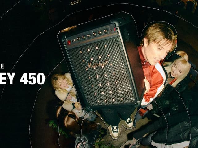 Högtalaren Bromley 450 från Marshall och texten; Party anywhere Bromley 450