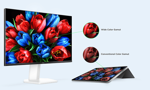 Sammenligning mellem TCL‑skærm med bredt farvespektrum og tablet med konventionelt farvespektrum