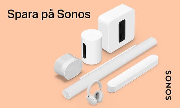 Banner för Sonos påsk-kampanj, produktbilder och texten: spara på Sonos