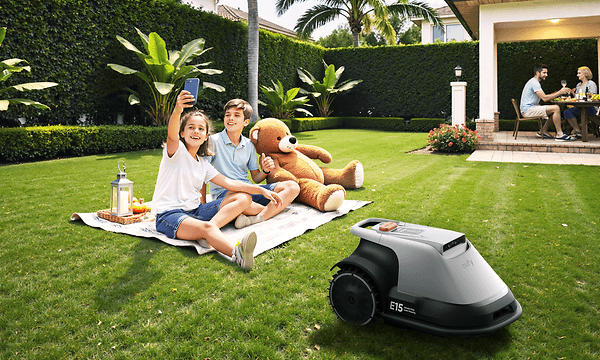 To barn tar en selfie på piknikteppe mens Eufy E15 robotgressklipper klipper plenen