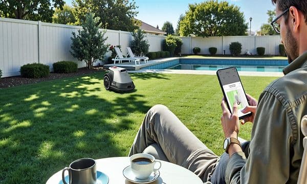 Man dricker kaffe och använder eufy-appen samtidigt som robotgräsklipparen klipper gräsmattan
