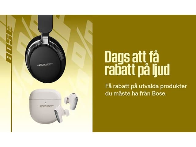 Bild på Bose QuietComfort Ultra 2nd Gen around-ear-hörlurar och in-ear-hörlurar samt texten: Dags att få rabatt på ljud