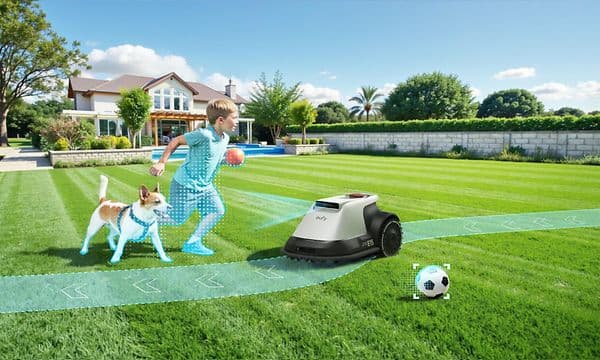 Lapsi leikkii koiran kanssa pihamaalla samalla, kun robottiruohonleikkuri leikkaa nurmea