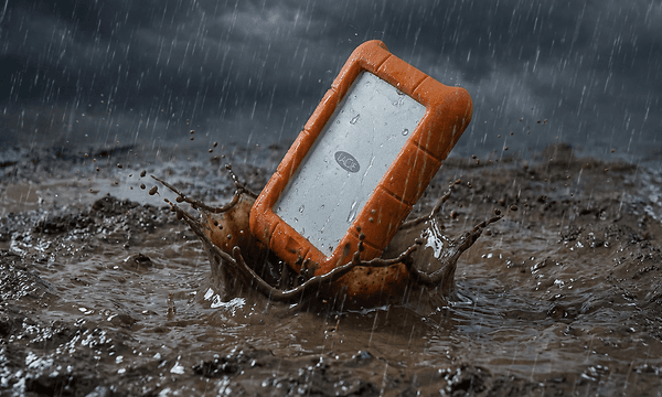 LaCie Rugged Mini SSD plasker i sølevann i regnvær
