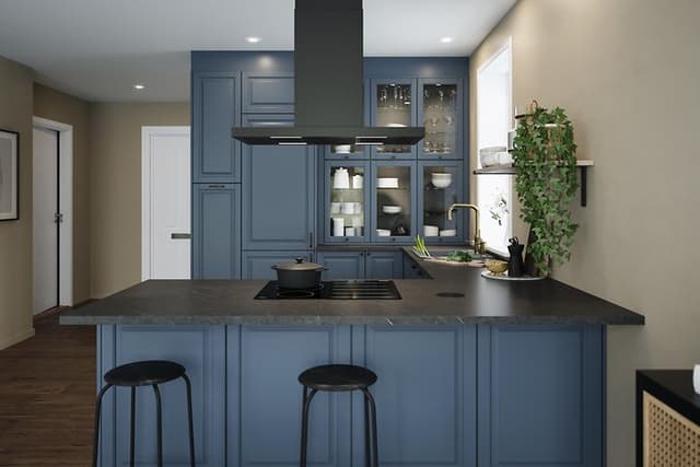 EPOQ - K7 - Kitchen - Heritage BlueGrey - Blue - Bar stools - Black Hood - Glass Cabinets - Laminate Worktop