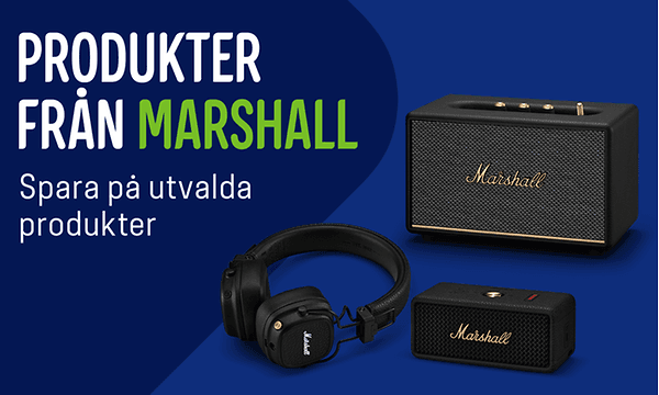 Produktbilder av Marshall högtalare och hörlurar, samt texten; Produkter från Marshall - spara på utvalda produkter