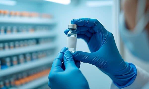 Person holding a vial of medicine in their hand in front of the open Medifroid medical fridge