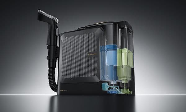 Tuotekuva Dreame N20 -höyrypesurista, jossa tumma tausta näyttää pesuaine- ja vesisäiliöt