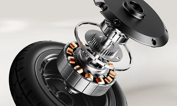 Detaljerad illustration av motordelarna i ett Navee GT5 Max elsparkcykel-däck