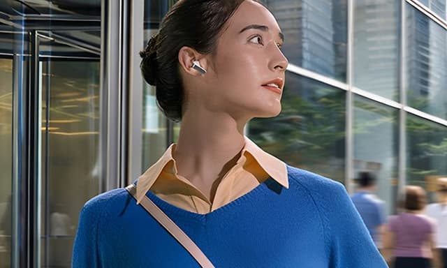 En kvinne som bruker Samsung Galaxy Buds4-ørepropper i et bymiljø.