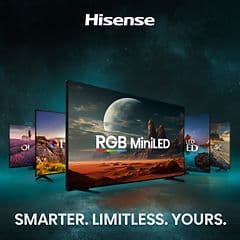 Et udvalg af TV'er fra Hisense med teksten "Smartere. Grænseløst. Dit."