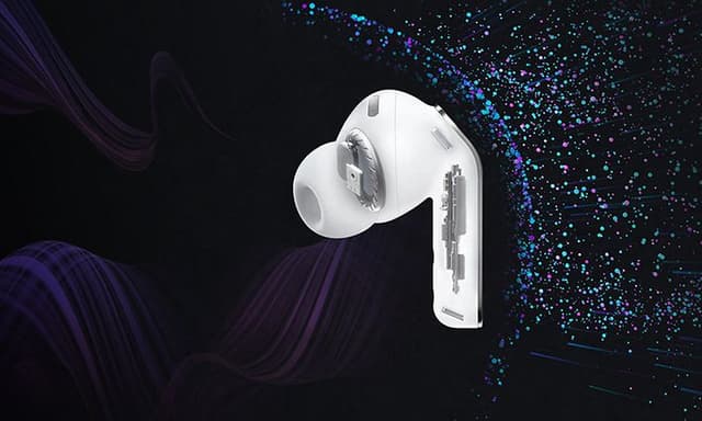 Samsung Galaxy Buds4 Pro-ørepropp med visualiserte lydbølger og lydpartikler.