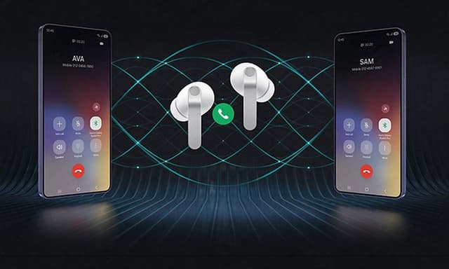 Kaksi Samsung Galaxy -älypuhelinta ja nappikuulokkeiden kautta Super Wideband -yhteydellä selkeänä kuuluva puhelu