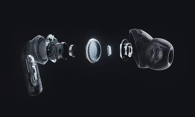 Kuvituskuva Buds4 Pro -nappikuulokkeiden sisäosista mustaa taustaa vasten