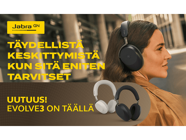 Jabra Evolve3 -kuulokkeiden kuva mainostekstillä ja kuva naisesta, jolla Evolve3 85 -kuulokkeet päässä