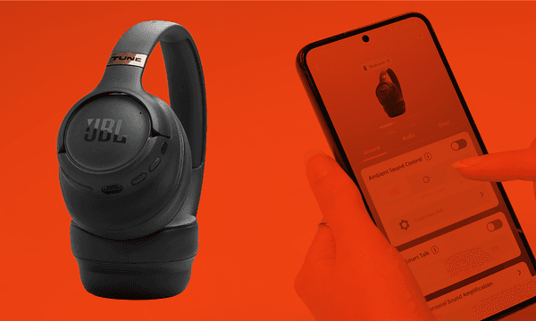 JBL Tune 785 hörlurar och JBL headphones-appen på en röd bakgrund
