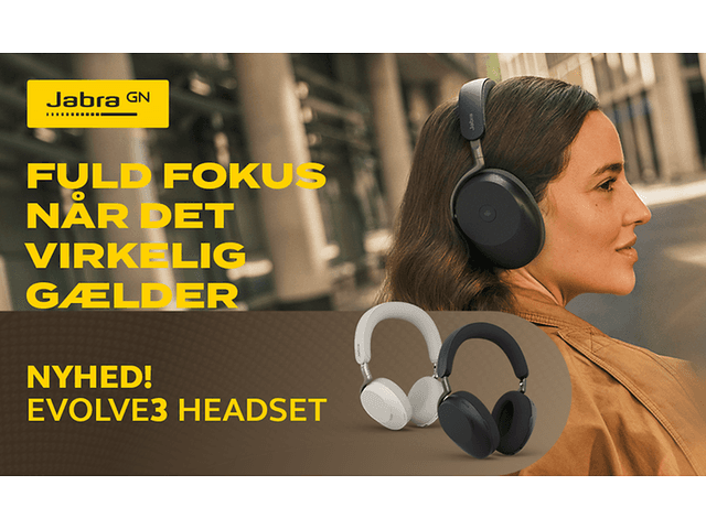 Jabra Evolve3 banner og kvinde med Evolve3 85 høretelefoner