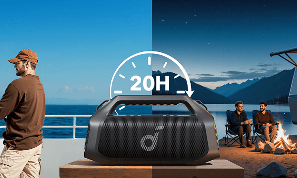 En Soundcore Boom 2 Pro mellom utendørsscener på dagtid og nattestid, som fremhever høyttalerens batteritid på 20 timer.