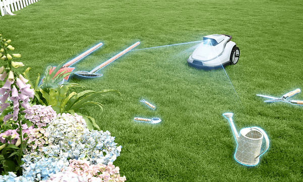 Terramow robotplæneklipper med sensorer, der registrerer legetøj på græsplænen