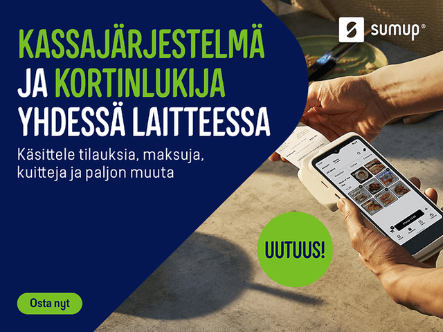 Kassajärjestelmä ja kortinlukija yhdessä laitteessa. Käsittele tilauksia, maksuja, kuitteja ja paljon muuta.