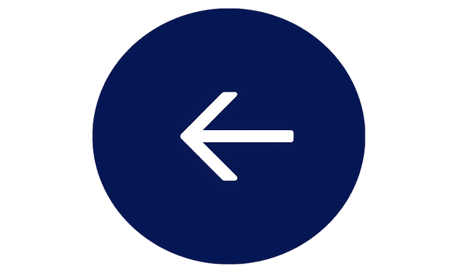 White arrow pointing towards left, round blue background