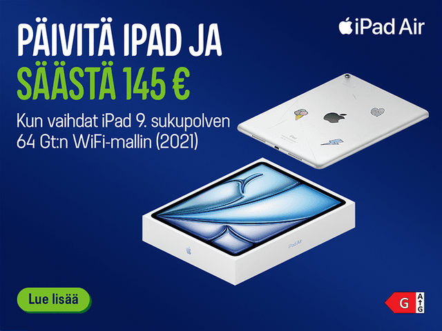 Päivitä iPad ja säästä 145 €, kun vaihdat iPad 9. sukupolven 64Gt wifi mallin.