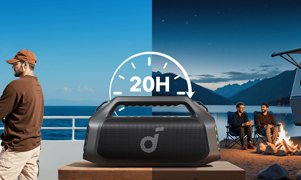 A Soundcore Boom 2 Pro högtalare utomhus både dag och natt, för att illustrera dess battertid på 20 timmar.
