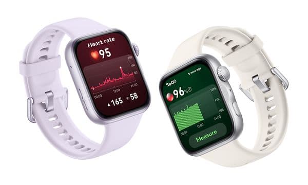 Kaksi Huawei Watch Fit 5 -urheilukelloa sykemittaustoiminnoilla valkoista taustaa vasten