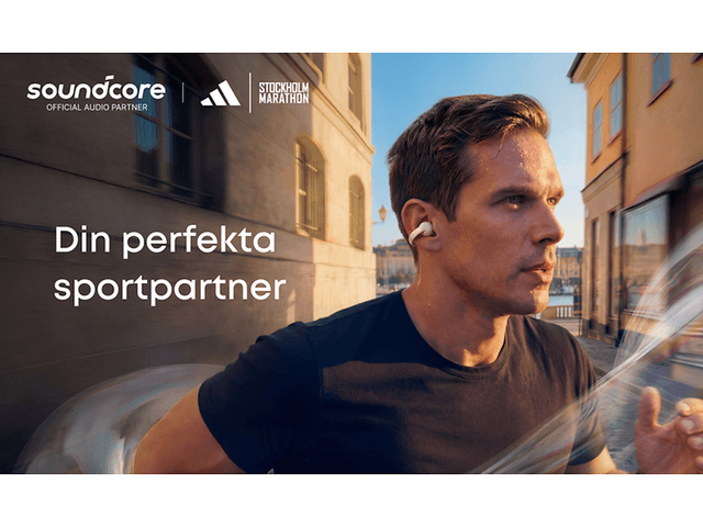 Närbild på man som springer i stadsmiljö med hörlurar i öronen och texten: Din perfekta sportpartner