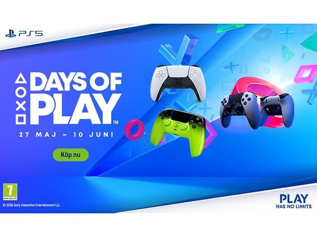 Blå banner med spelkontroller och texten "Days of play 27 maj - 10 juni"