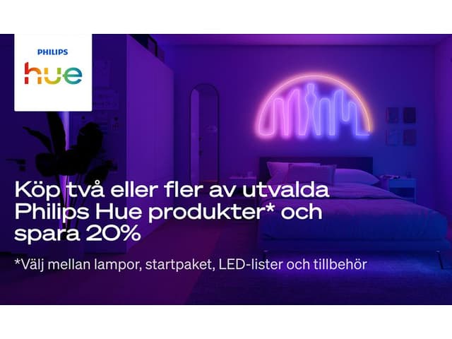 Philips Hue lampa och texten "Köp två eller fler av utvalda Philips Hue produkter* och spara 20%"