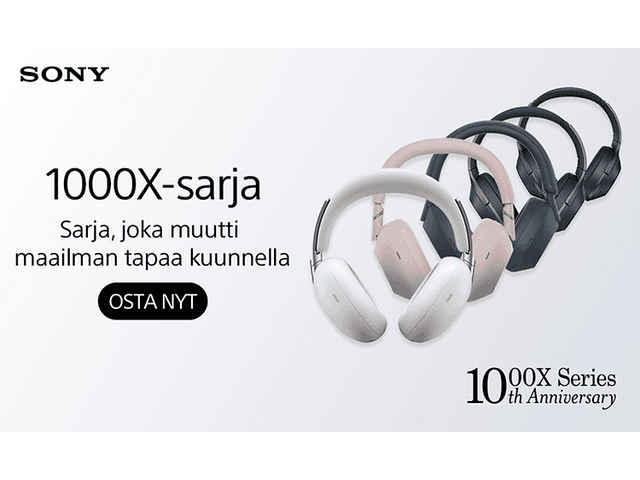 Sonyn 1000X-sarjan kuulokkeita eri värisävyissä valkoista taustaa vasten