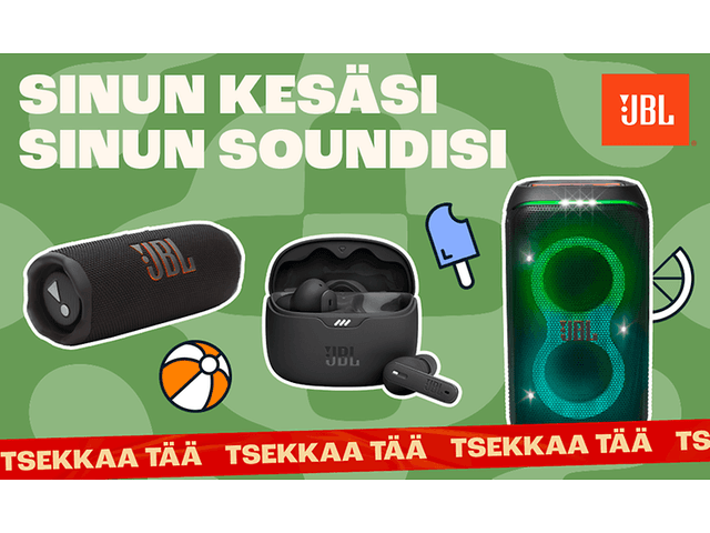 JBL-audiotuotteiden mainosjuliste, jossa lukee "Sinun kesäsi, sinun soundisi"