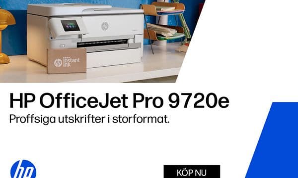 HP banner med bild på skrivare och texten "HP Office Jet Pro 9720e - Proffsiga utskrifter i storformat"