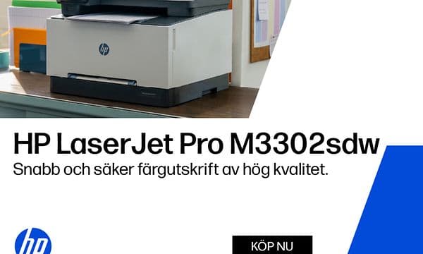 HP banner med skrivare och texten "HP Laser Jet Pro M3302swd - Snabb och säker färgutskrift av högkvalitet"