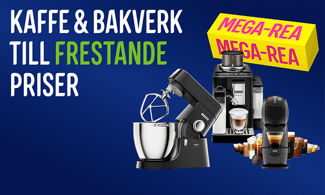 Banner med bilder på köksprodukter och texten "Kaffe och bakverk till frestande priser"