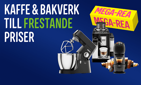 Banner med bilder på köksprodukter och texten "Kaffe och bakverk till frestande priser"