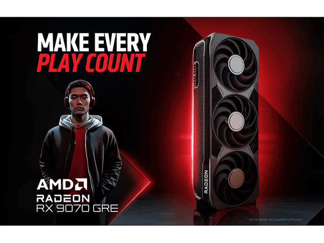 Kille med hörlurar står bredvid en stor bild av AMD RX9070 GRE och texten "Make every play count"