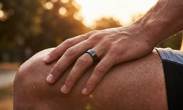 En mand med en sort smart ring på venstre ringfinger, mens hånden hviler på venstre lår.