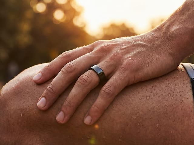 Mies, jolla on musta älysormus vasemmassa nimettömässään istuu ulkona kädet polvillaan