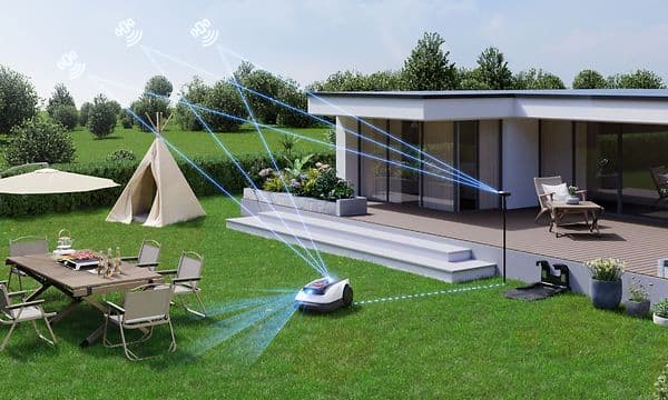 Översiktsbild av en trädgård med en Ecovacs Goat O800 RTK som klipper gräsmattan, med linjer som illustrerar satellitmottagning.